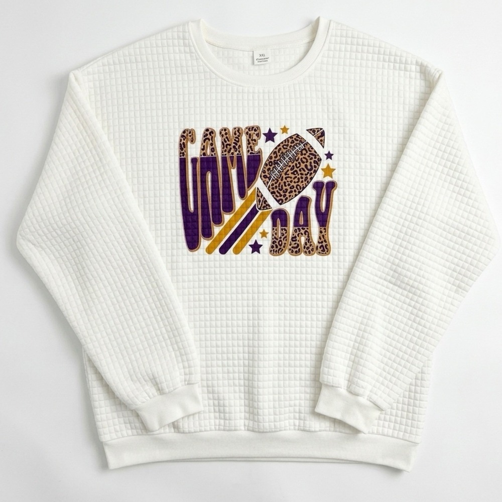 Game Day Sweatshirt Women XXL White Football Leopard Print Quilted Waffle Knit